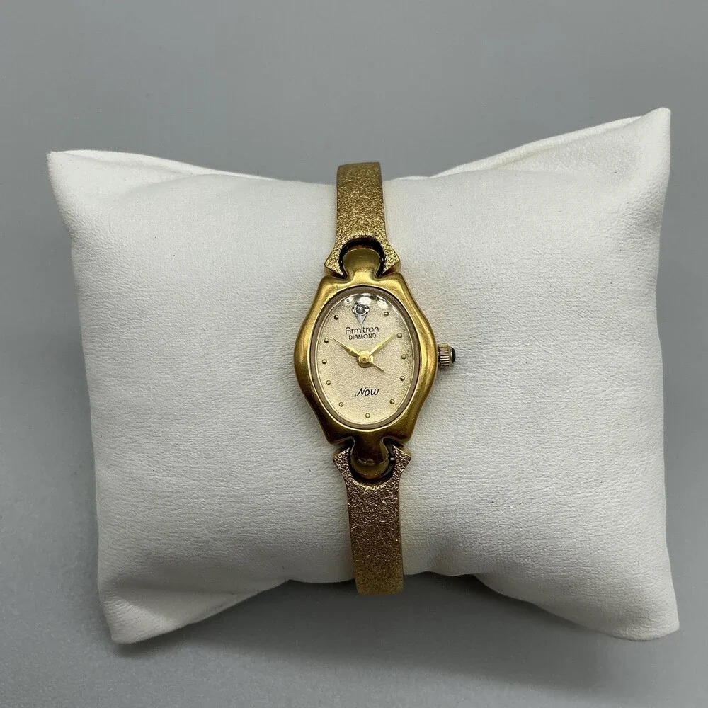 Armitron Diamond Now Womens Watch 17mm Oval Gold Tone Band New Battery 6.75